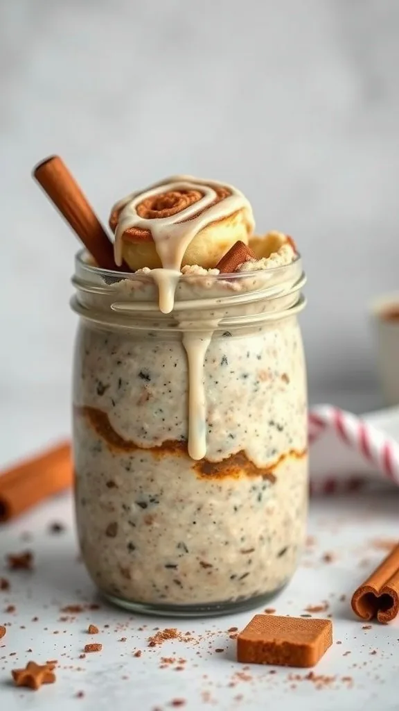 A jar of cinnamon roll overnight oats topped with icing and a mini cinnamon roll, surrounded by cinnamon sticks and chocolate squares.