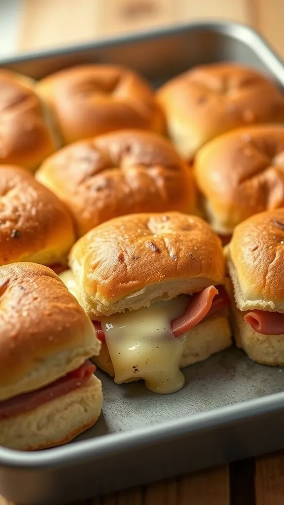 A tray of classic ham and cheese sliders with melted cheese and golden rolls.