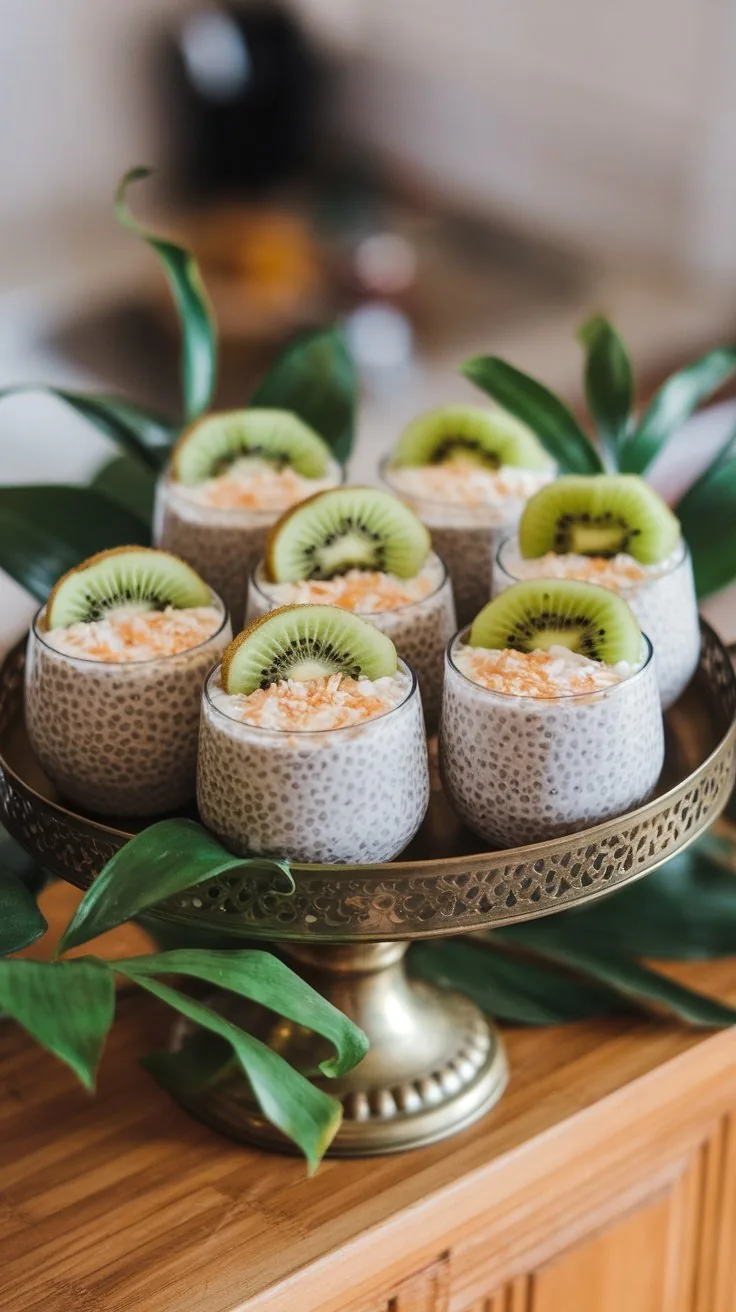A tray of coconut chia pudding cups topped with kiwi slices and coconut flakes, surrounded by green leaves.