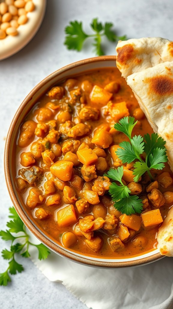 A bowl of coconut curry lentils with sweet potatoes, garnished with cilantro and served with naan