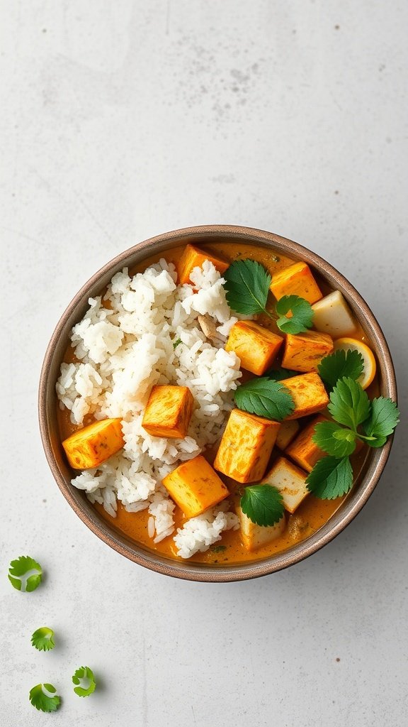 A bowl of Coconut Curry Tofu with rice and garnished with cilantro, showcasing vibrant colors and textures.