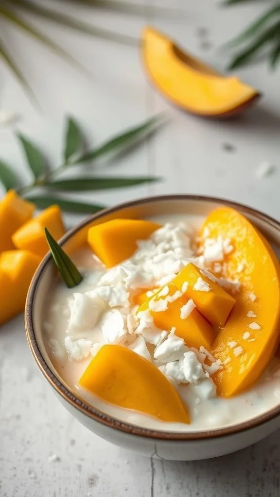 A bowl of coconut mango porridge topped with fresh mango slices and shredded coconut.