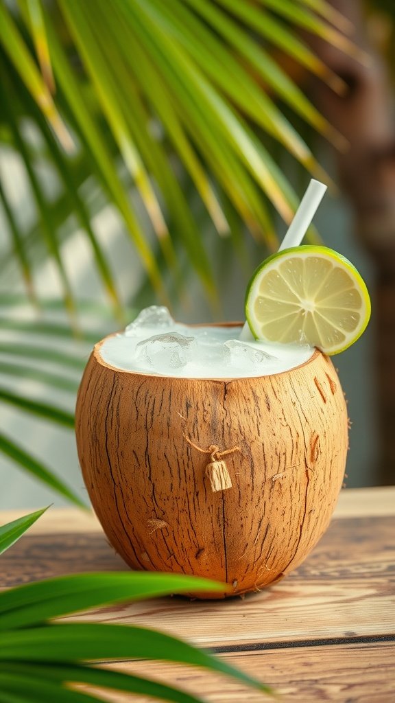A fresh coconut filled with coconut water and ice, garnished with a lime slice