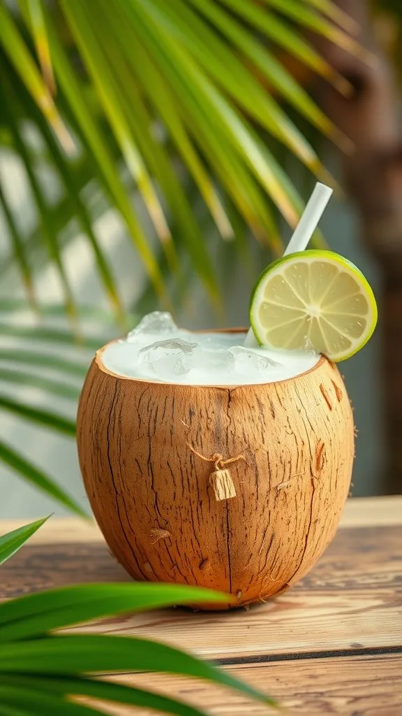 A fresh coconut filled with coconut water and ice, garnished with a lime slice
