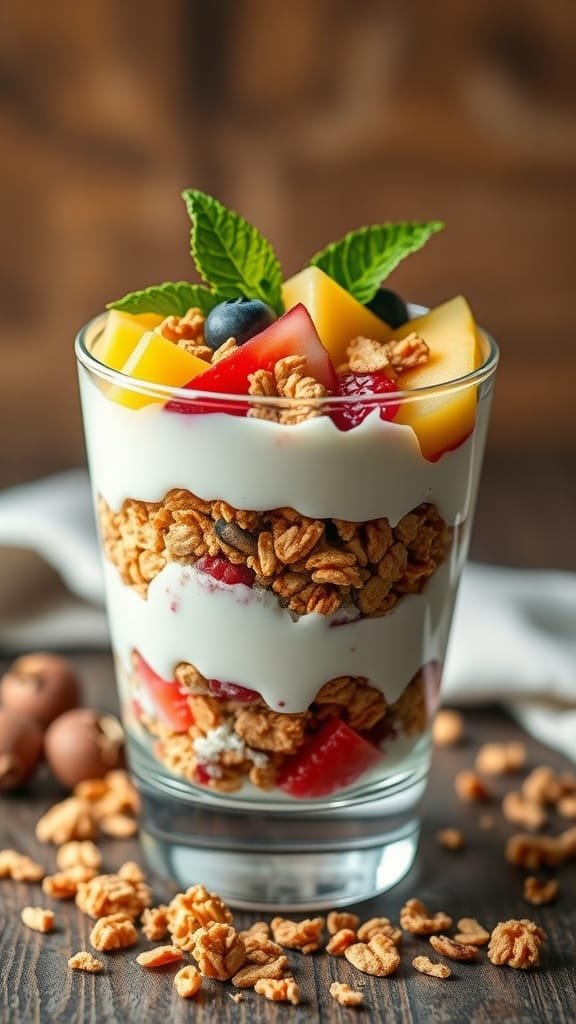 A delicious coconut yogurt parfait layered with granola and fresh fruits.
