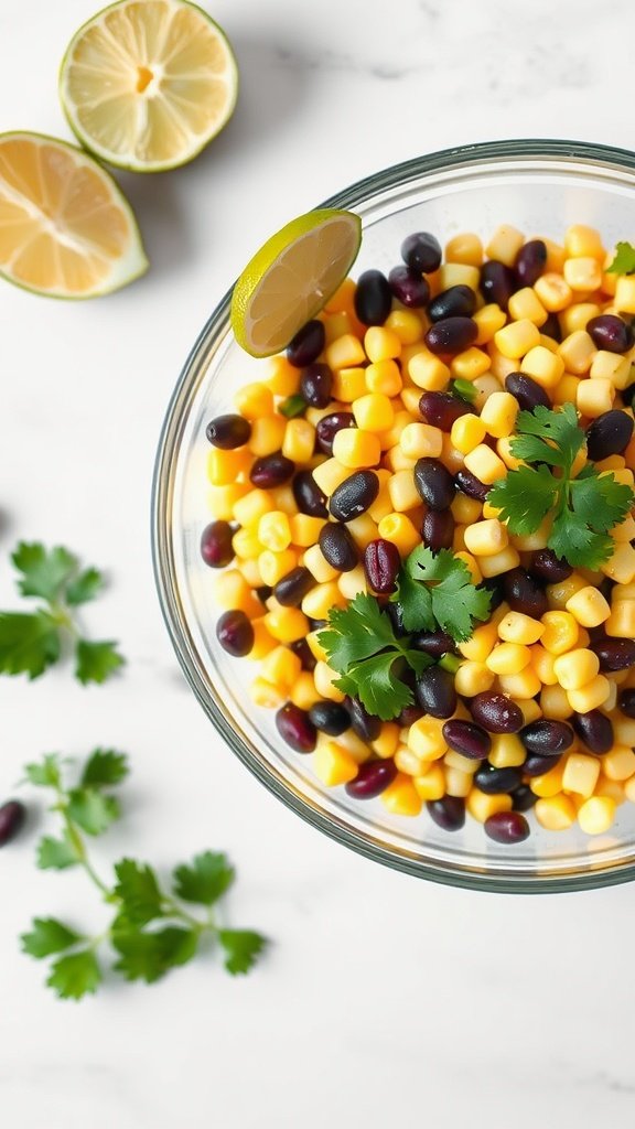 A bowl of corn and black bean salad with lime wedges and cilantro on a marble surface.