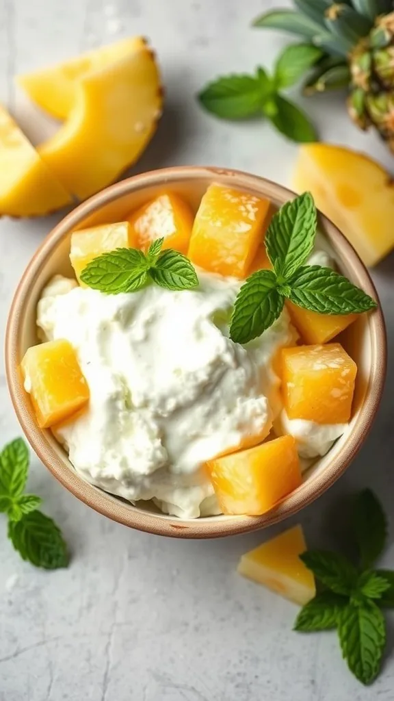A bowl of cottage cheese topped with pineapple chunks and mint leaves.
