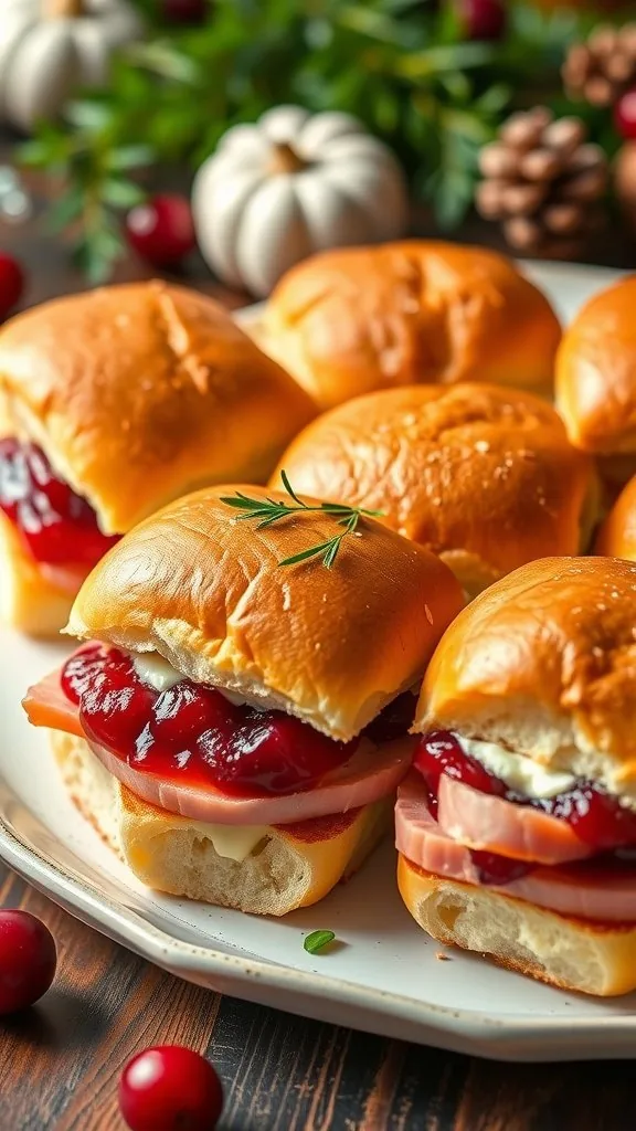 A platter of cranberry sauce ham sliders with soft rolls and fresh herbs on top.