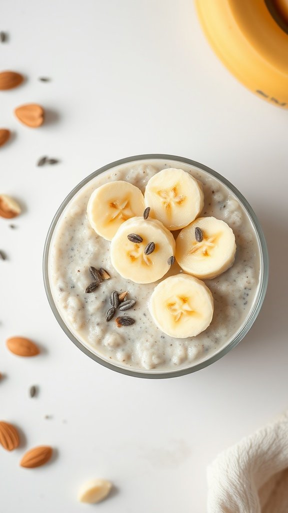 A bowl of creamy almond butter overnight oats topped with banana slices, chia seeds, and surrounded by almonds.