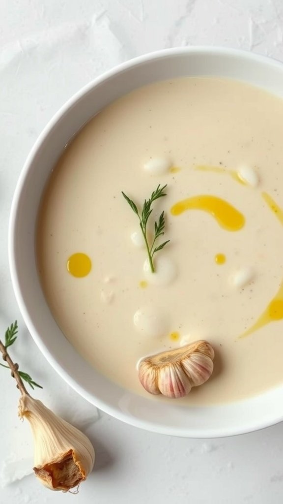 A bowl of creamy cauliflower and garlic soup with garlic cloves beside it