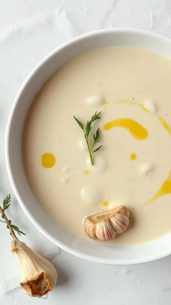 A bowl of creamy cauliflower and garlic soup with garlic cloves beside it