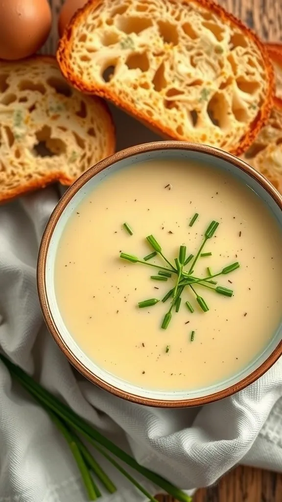A bowl of creamy cauliflower soup topped with chives, alongside slices of bread and eggs.