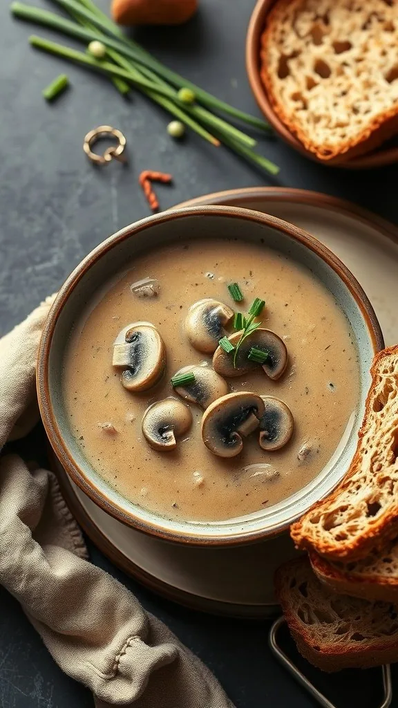 A bowl of creamy mushroom soup with sliced mushrooms and fresh herbs, accompanied by crusty bread on a plate.