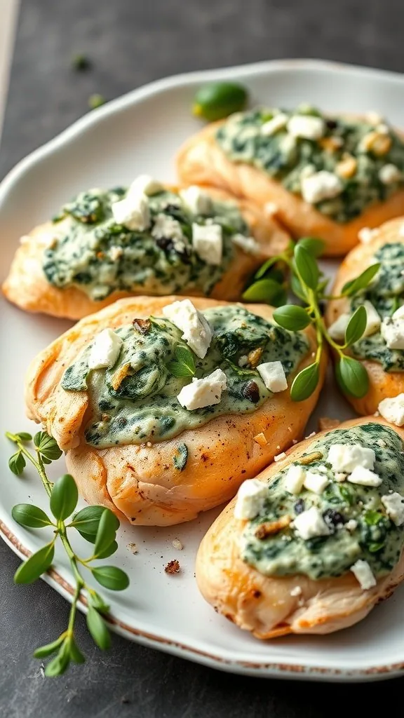 Plate of creamy spinach and feta stuffed chicken breasts garnished with feta cheese and fresh herbs.