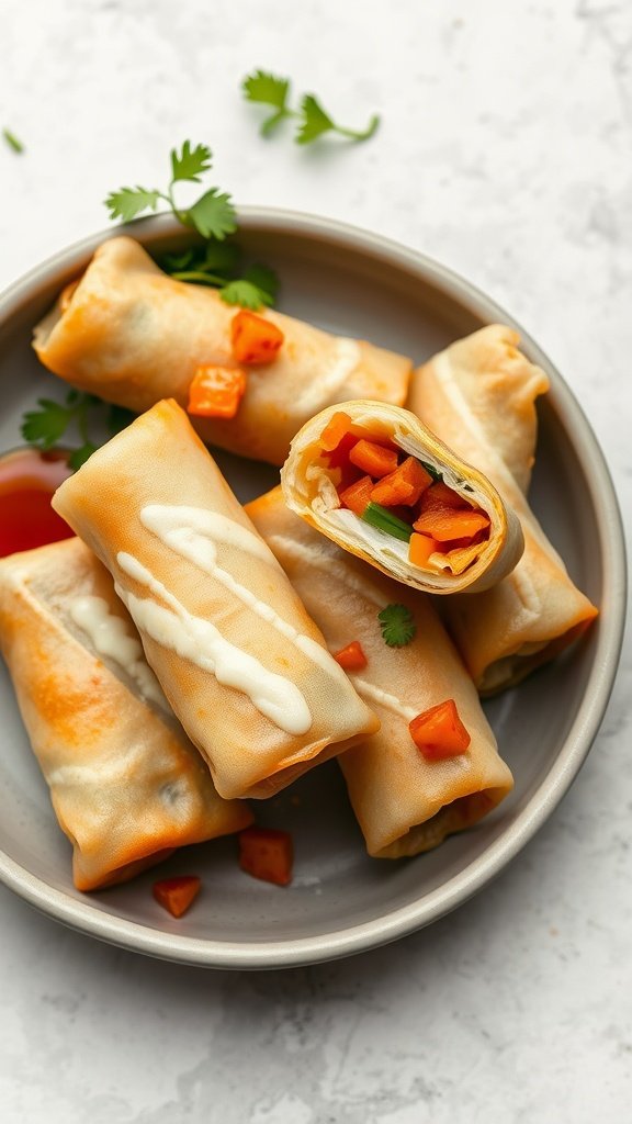 A plate of crispy tofu spring rolls filled with diced vegetables and drizzled with sauce.