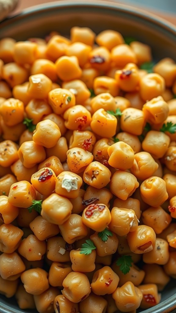 A bowl filled with golden crunchy chickpeas, garnished with herbs and spices.