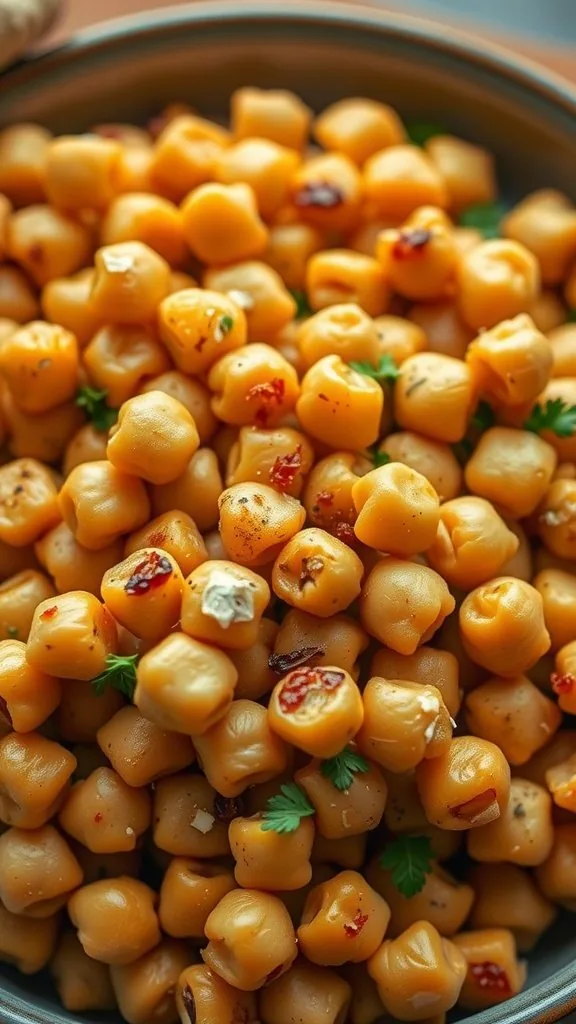 A bowl filled with golden crunchy chickpeas, garnished with herbs and spices.