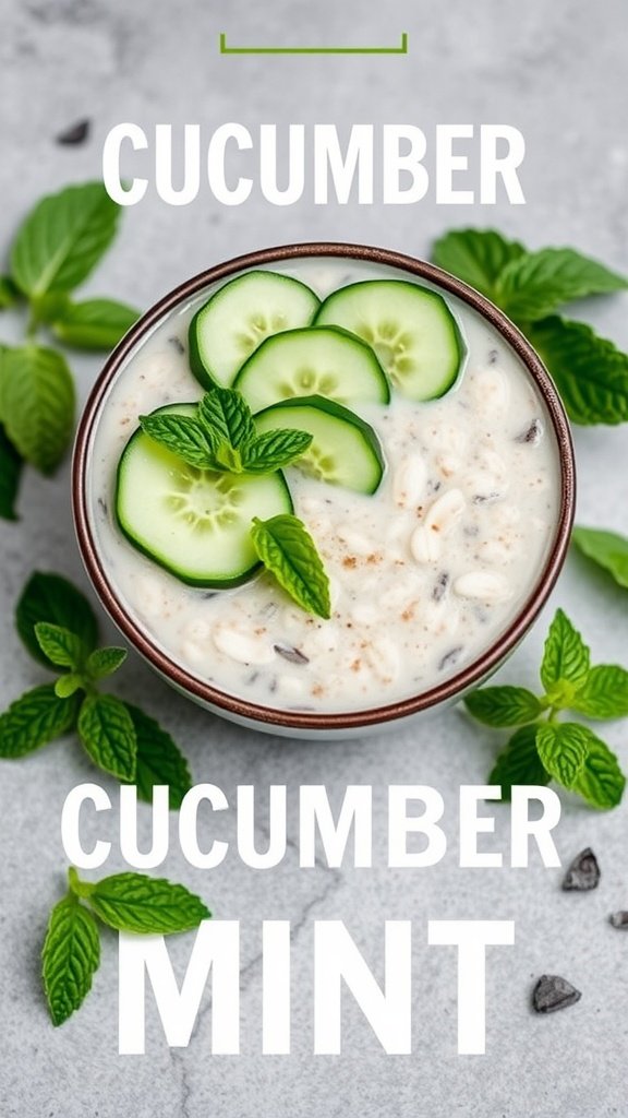 A bowl of cucumber mint overnight oats topped with cucumber slices and mint leaves, surrounded by fresh mint.