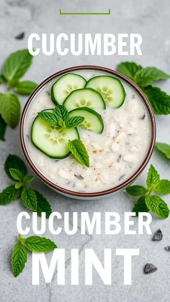 A bowl of cucumber mint overnight oats topped with cucumber slices and mint leaves, surrounded by fresh mint.