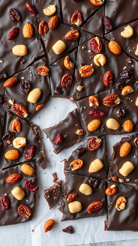 A close-up of dark chocolate bark topped with nuts and dried fruits, broken into pieces.