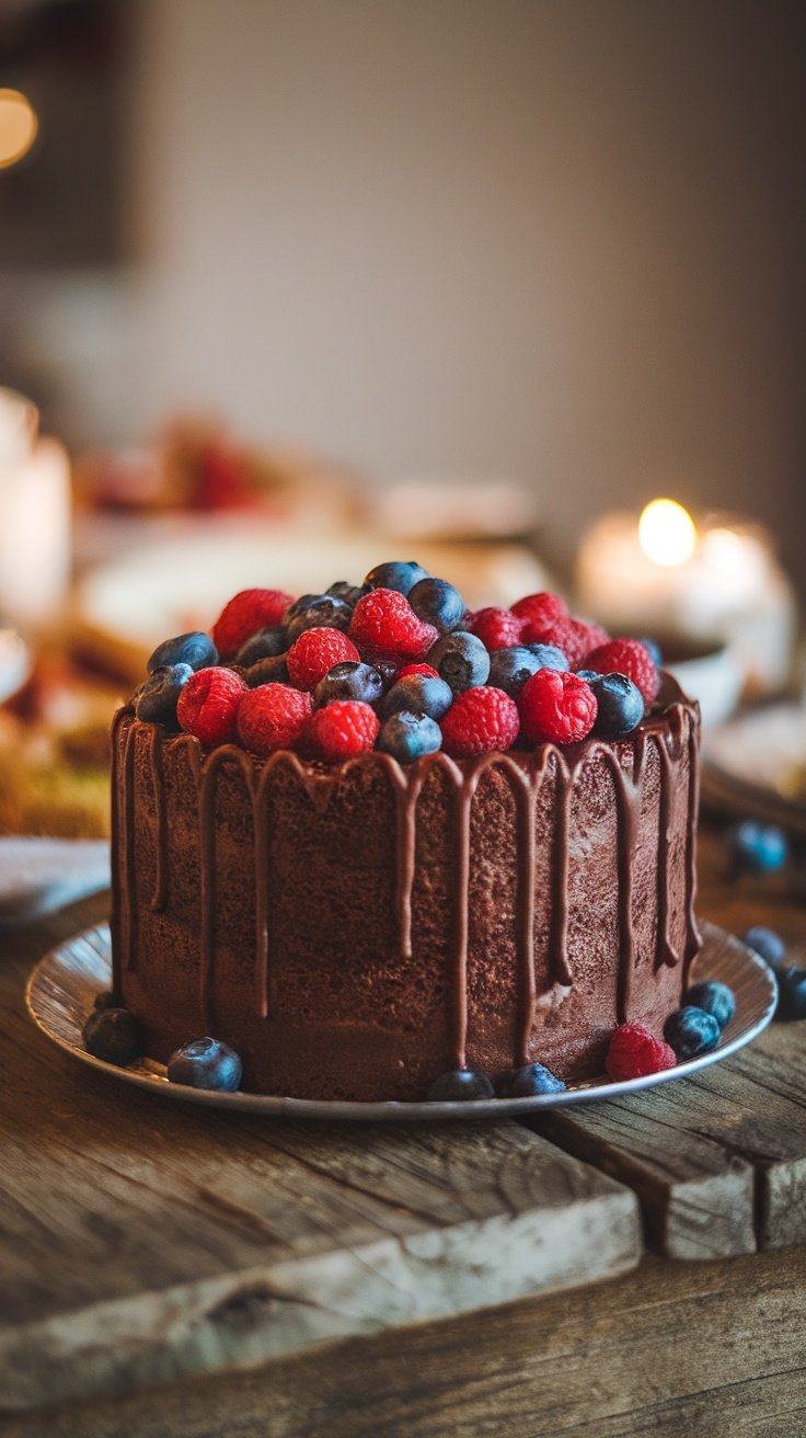 A vegan chocolate cake topped with raspberries and blueberries on a wooden table.