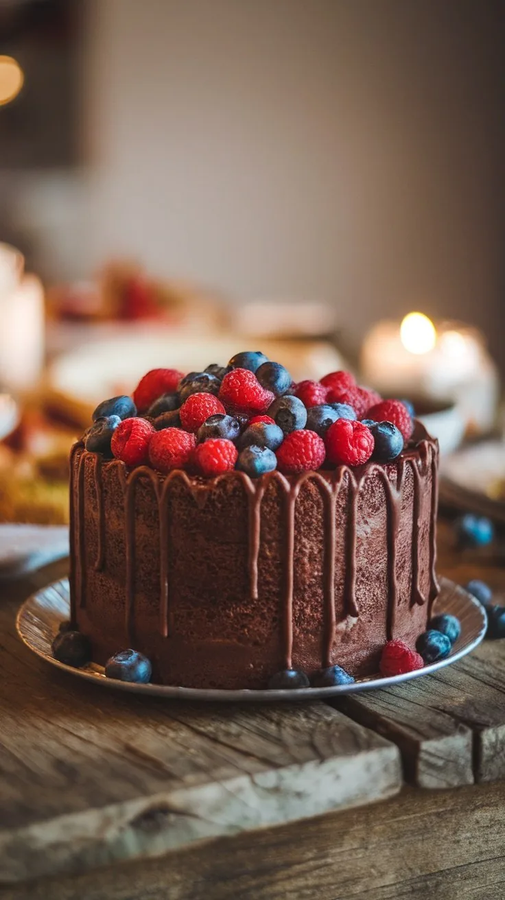 A vegan chocolate cake topped with raspberries and blueberries on a wooden table.