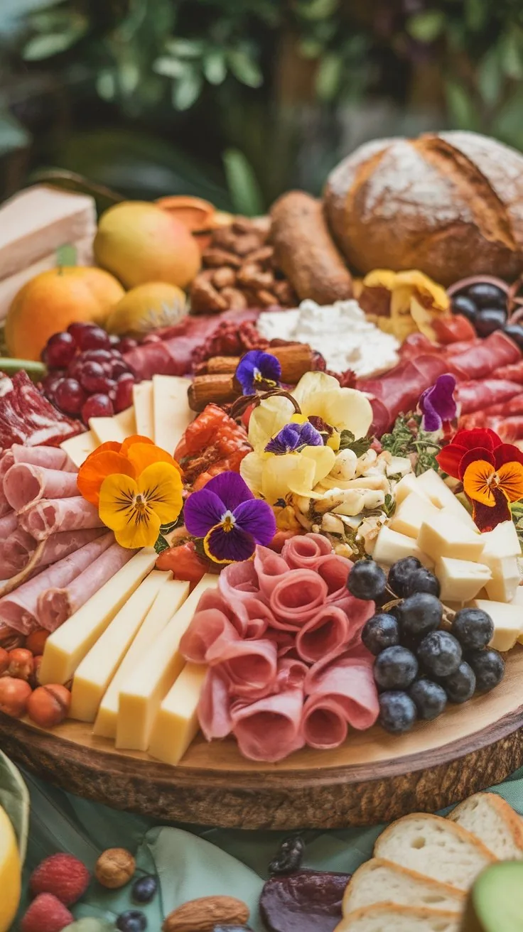A beautifully arranged dessert charcuterie board with edible flowers and a variety of fruits, cheeses, and meats.