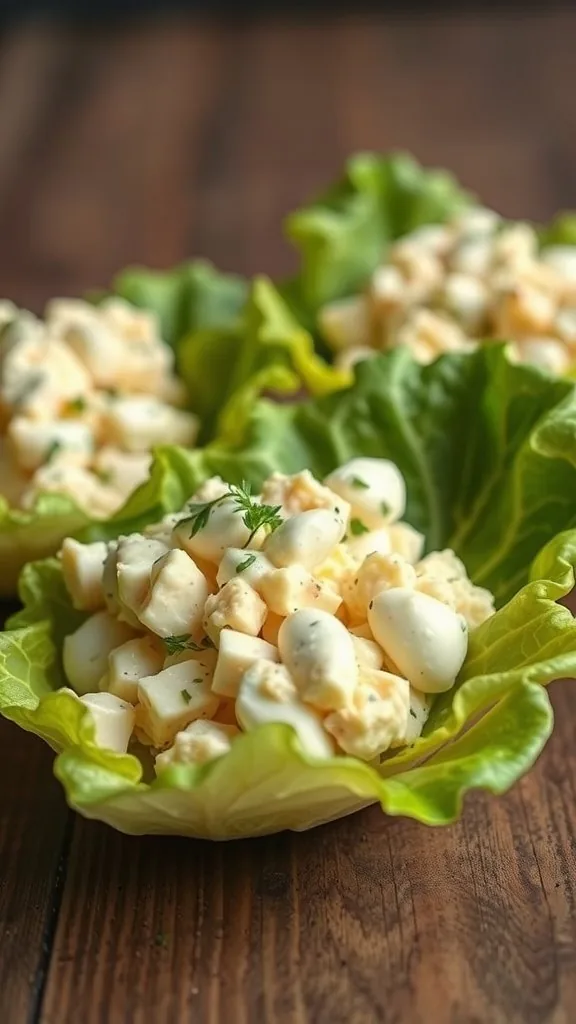 A close-up of egg salad in lettuce leaves, perfect for a healthy lunch.