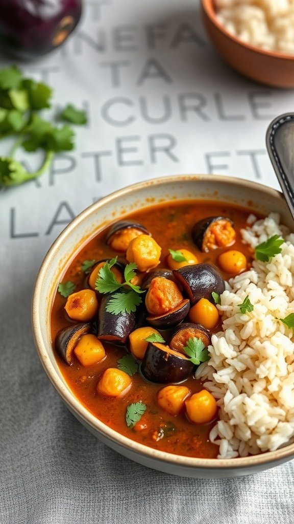 A bowl of eggplant and chickpea curry served with rice and garnished with cilantro