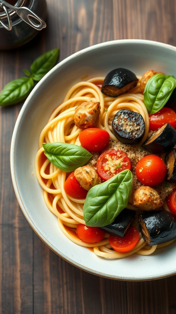 A bowl of spaghetti with roasted eggplant, cherry tomatoes, and fresh basil, garnished with Parmesan cheese.