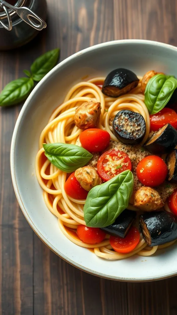 A bowl of spaghetti with roasted eggplant, cherry tomatoes, and fresh basil, garnished with Parmesan cheese.