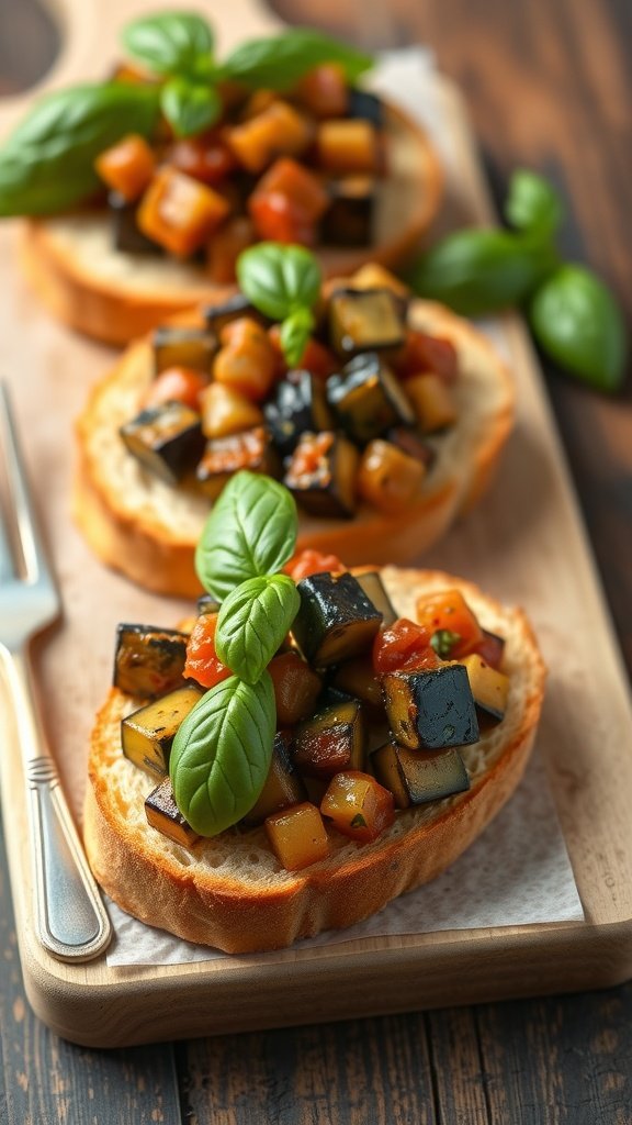 Crostini topped with eggplant caponata and fresh basil