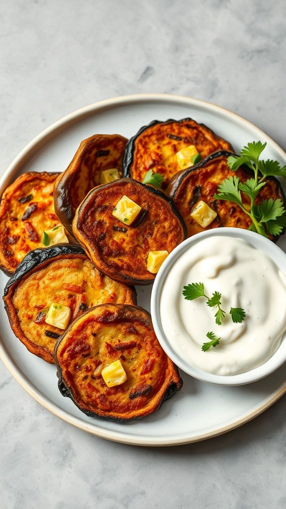 A plate of golden-brown eggplant fritters topped with cheese cubes and served with a side of creamy yogurt dip.