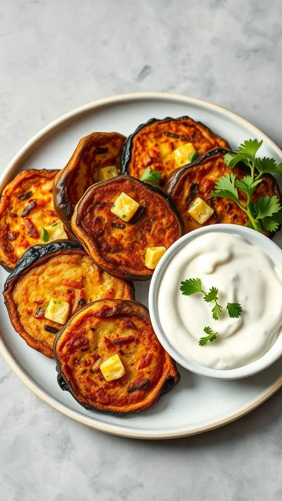 A plate of golden-brown eggplant fritters topped with cheese cubes and served with a side of creamy yogurt dip.