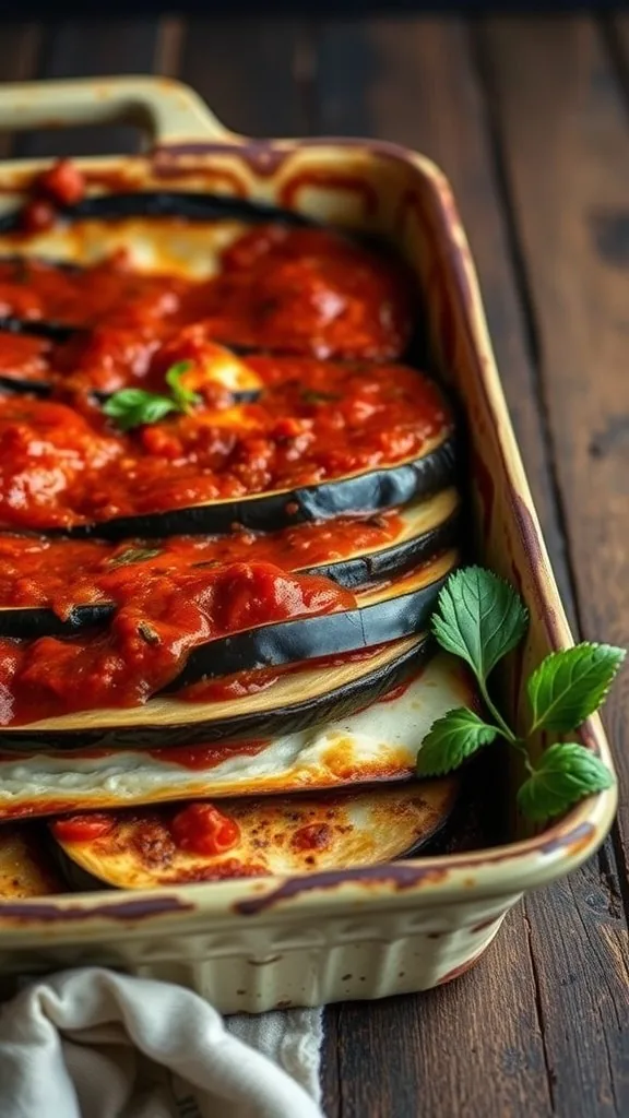 A close-up of a baked eggplant lasagna with marinara sauce and fresh herbs on top.