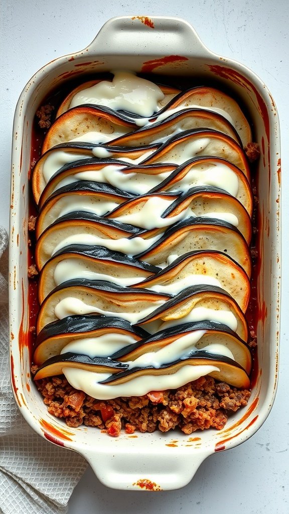 A baked eggplant moussaka layered dish with eggplant slices, ground meat mixture, and creamy sauce.