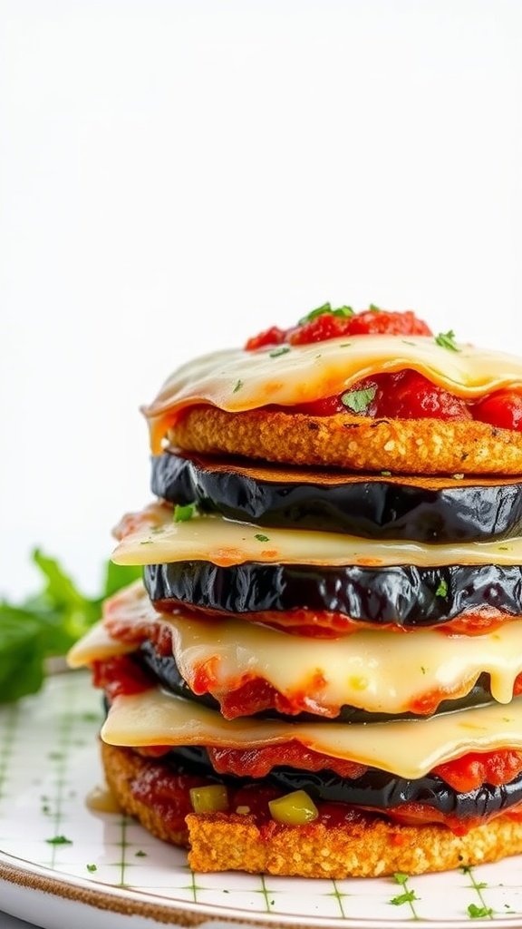 A layered eggplant parmesan bake with tomato sauce and cheese.
