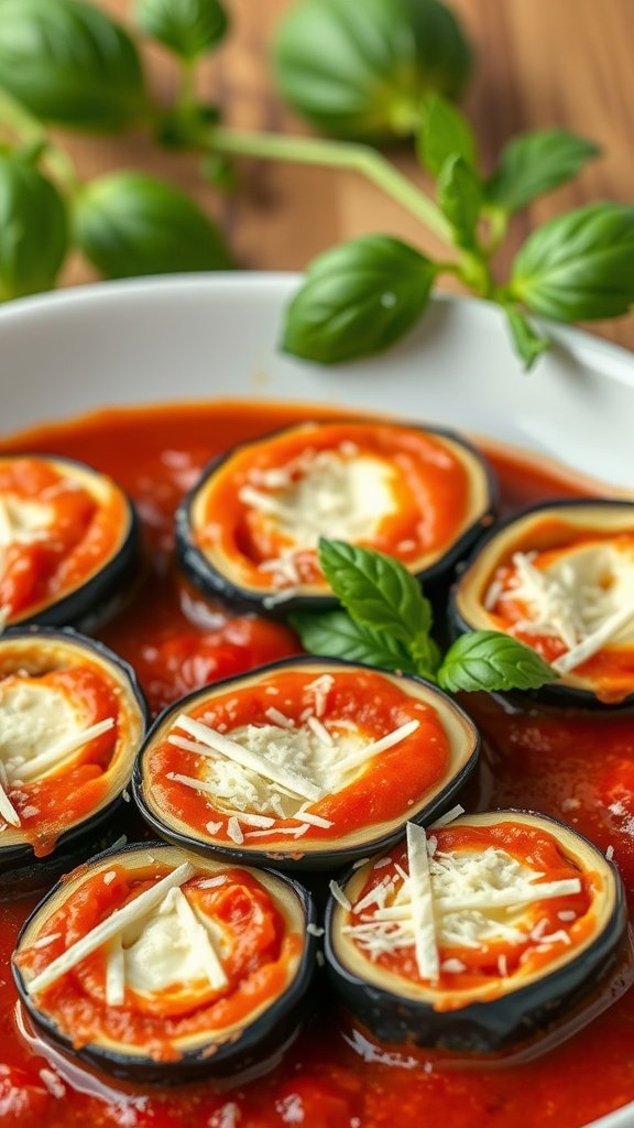 Delicious eggplant rollatini with ricotta in tomato sauce, garnished with basil