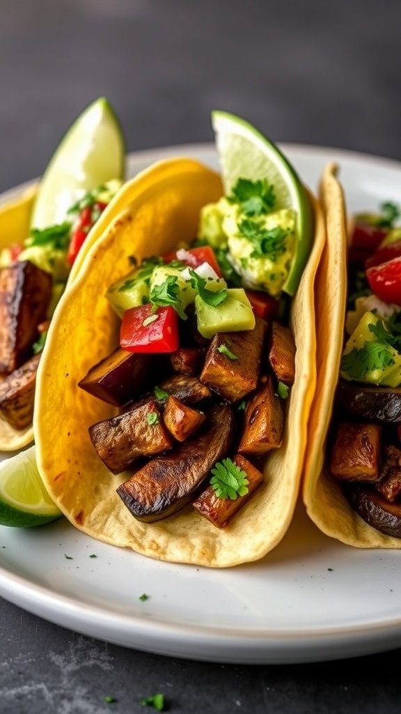 Delicious eggplant tacos with avocado salsa, garnished with lime wedges on a white plate.