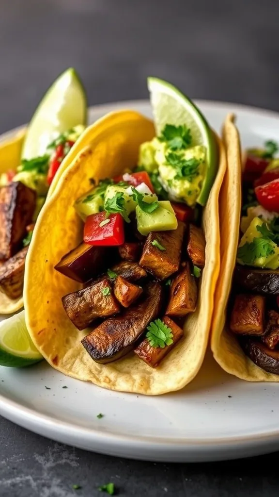 Delicious eggplant tacos with avocado salsa, garnished with lime wedges on a white plate.