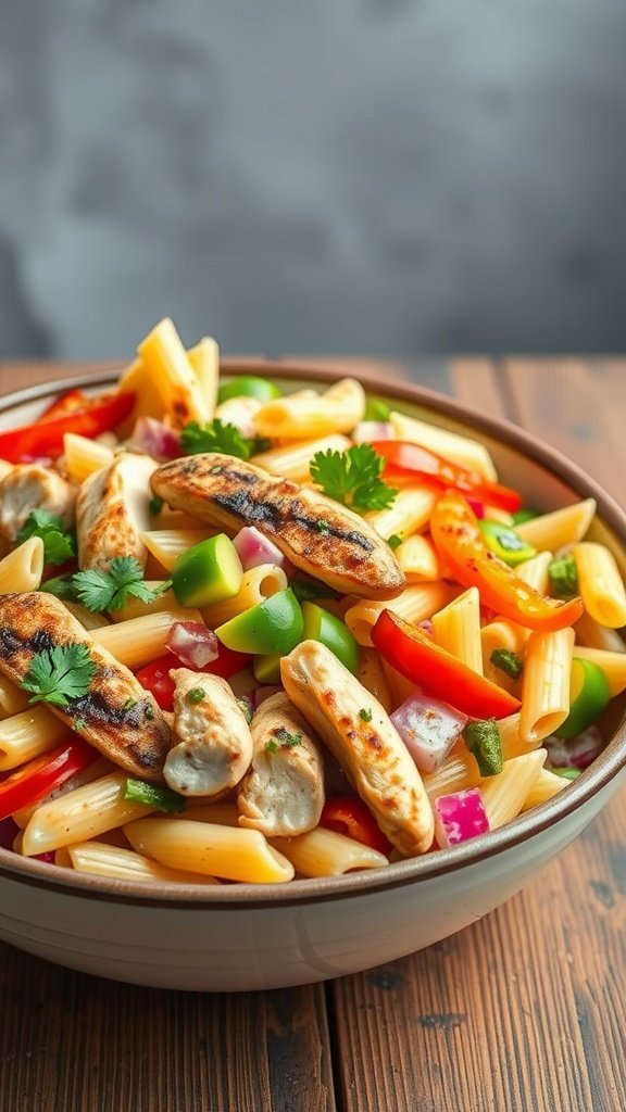 A colorful bowl of fajita pasta salad with grilled chicken, bell peppers, and fresh herbs.