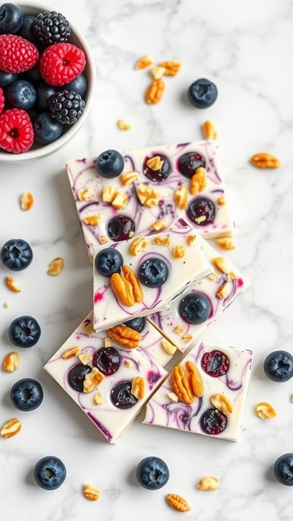 Frozen blueberry yogurt bark with blueberries, nuts, and yogurt on marble surface