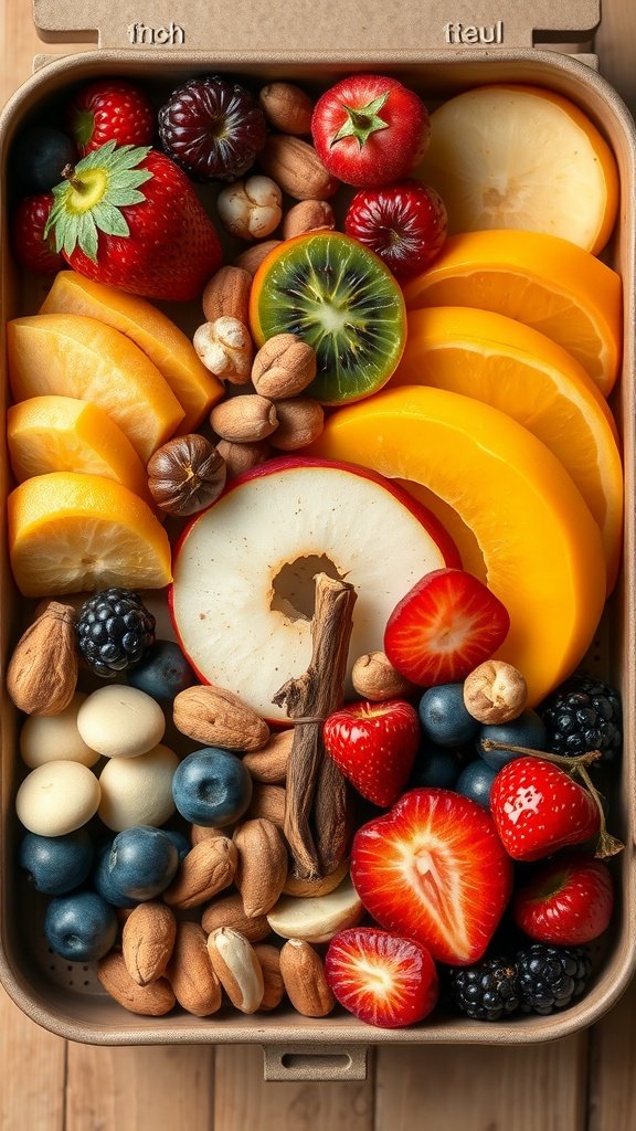A variety of fresh fruits and nuts arranged in a snack box, including strawberries, blueberries, kiwi, apple slices, and mixed nuts.