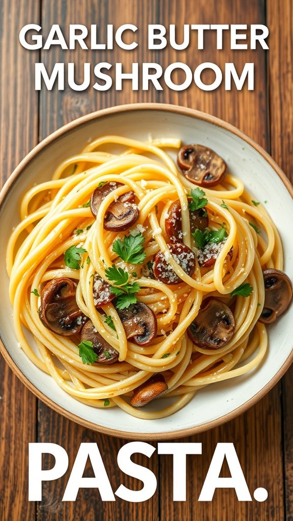 A bowl of garlic butter mushroom pasta, garnished with parsley and Parmesan cheese.