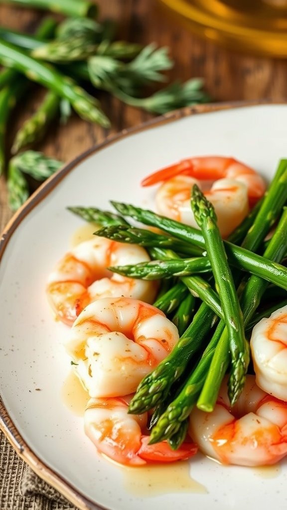 A plate of garlic butter shrimp with asparagus on a wooden surface.