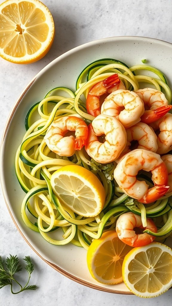A plate of Garlic Lemon Shrimp with zoodles, garnished with lemon slices and herbs.