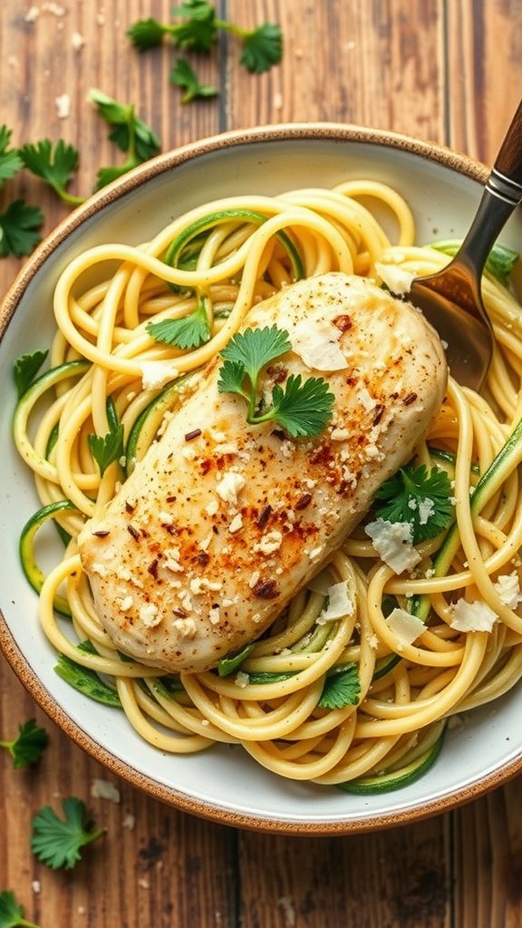 Bowl of garlic parmesan chicken served on zoodles with herbs