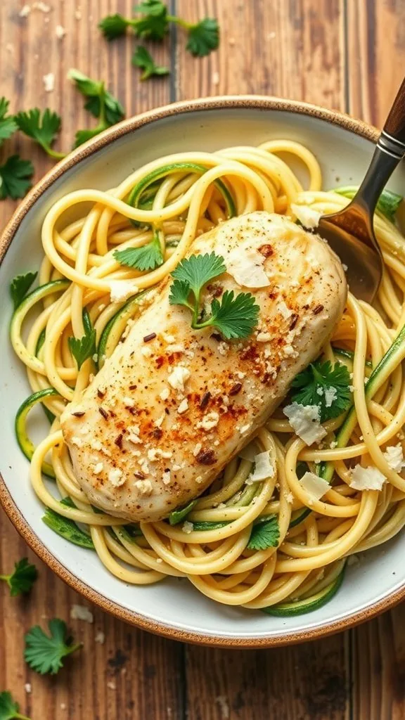 Bowl of garlic parmesan chicken served on zoodles with herbs
