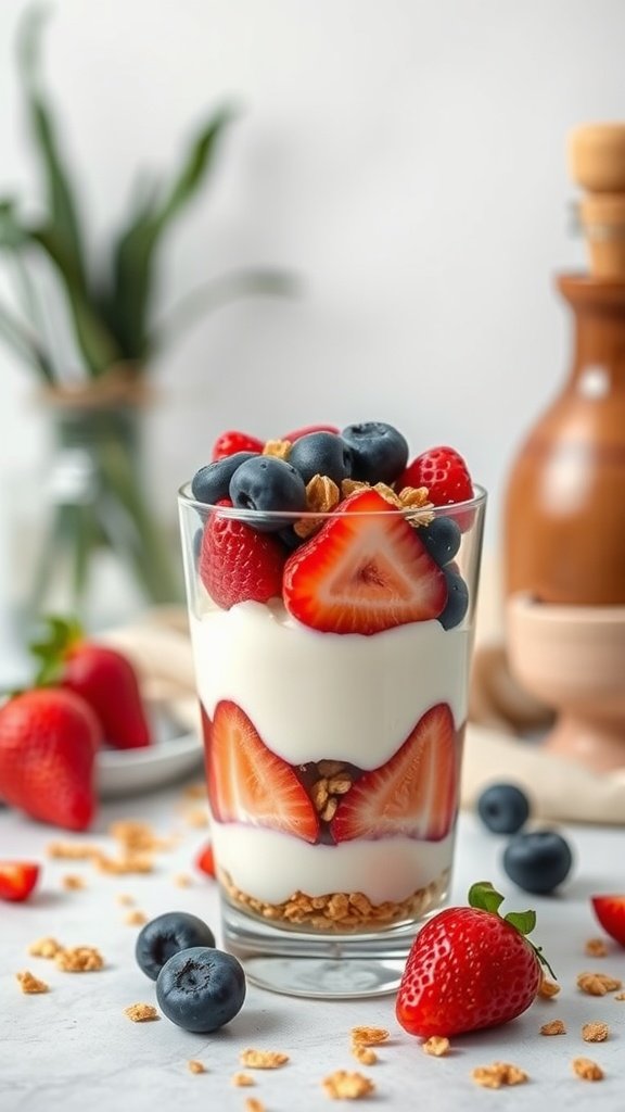 A glass of Greek yogurt parfait layered with strawberries, blueberries, and granola.