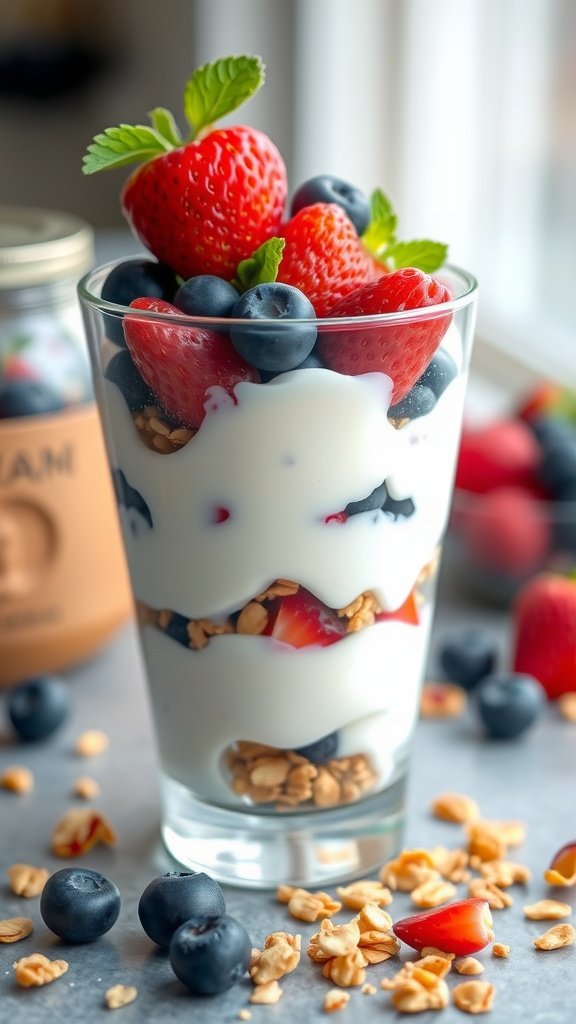 A delicious Greek yogurt parfait with strawberries, blueberries, and granola in a glass